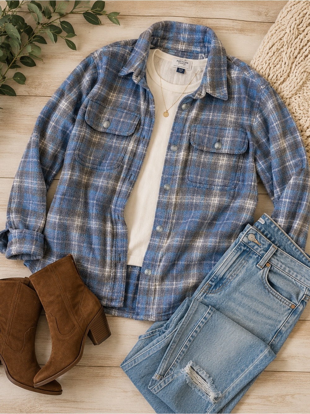 Ladies size Small American Eagle Soft Blue Plaid Shacket